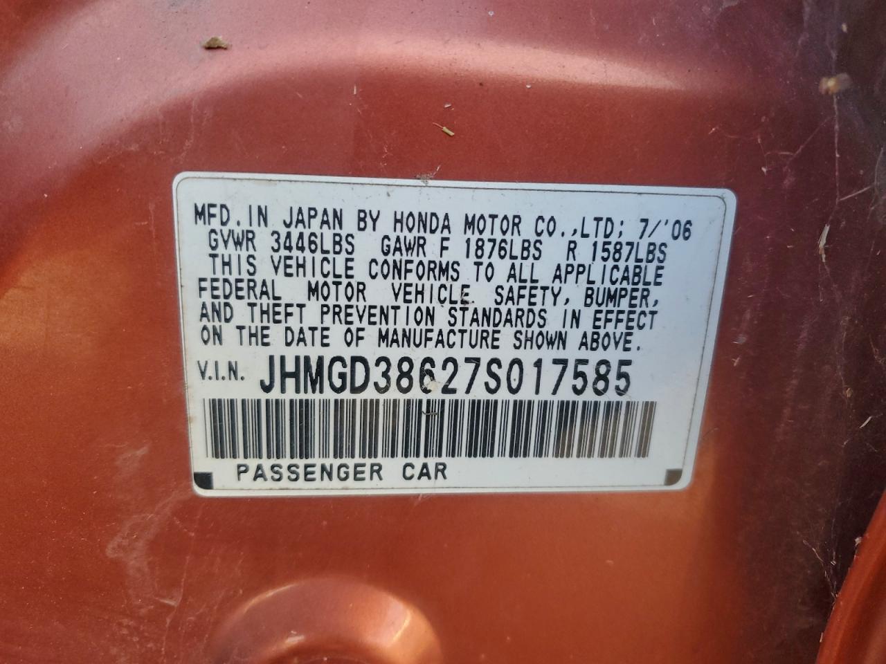 2007 Honda Fit S VIN: JHMGD38627S017585 Lot: 93736595