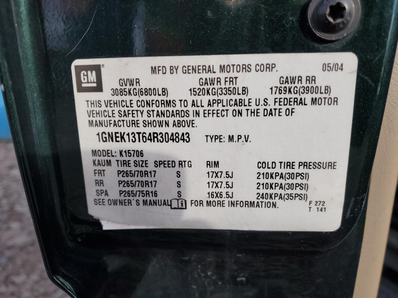 2004 Chevrolet Tahoe K1500 VIN: 1GNEK13T64R304843 Lot: 92303375