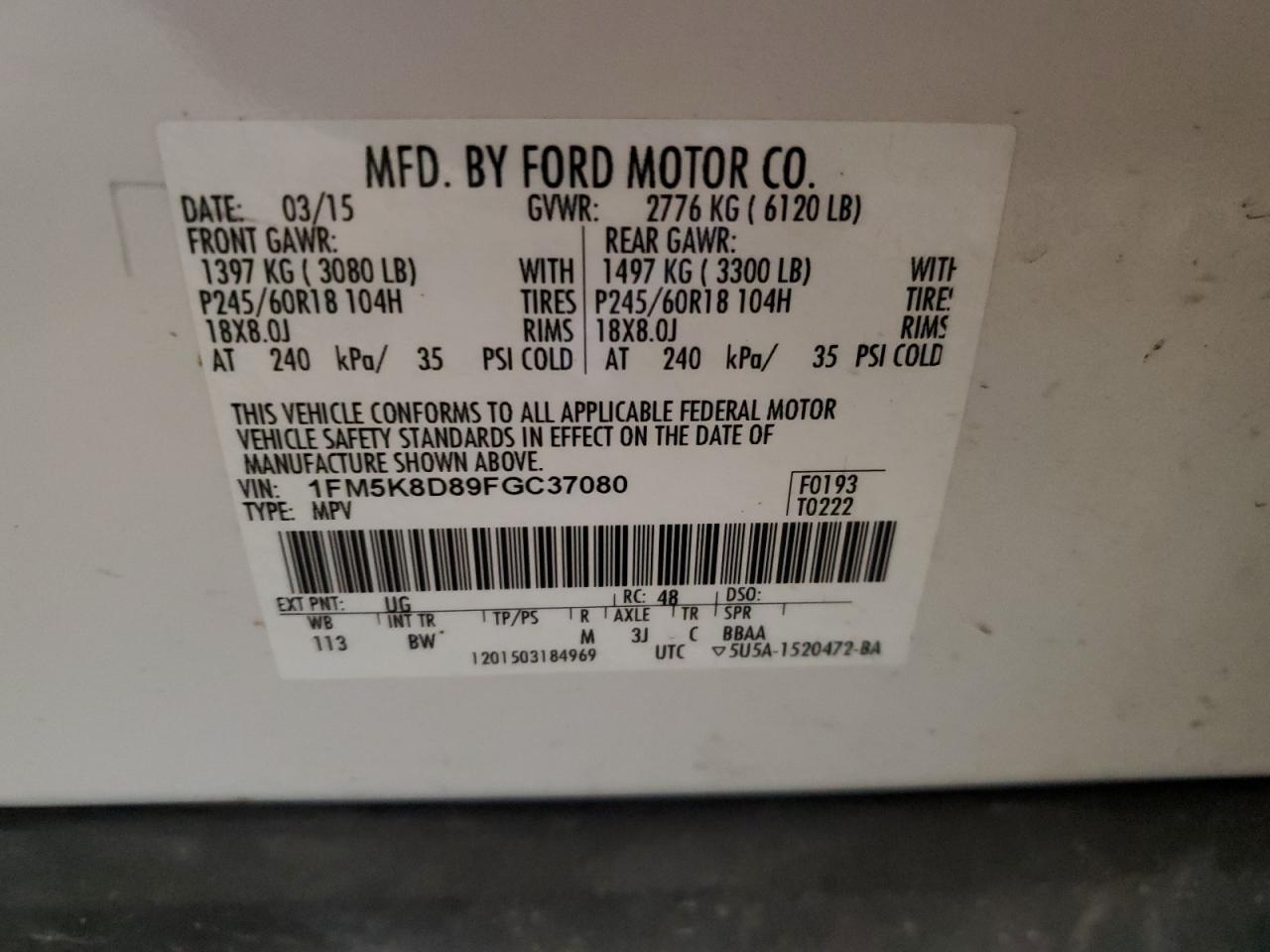 2015 Ford Explorer Xlt VIN: 1FM5K8D89FGC37080 Lot: 92808685