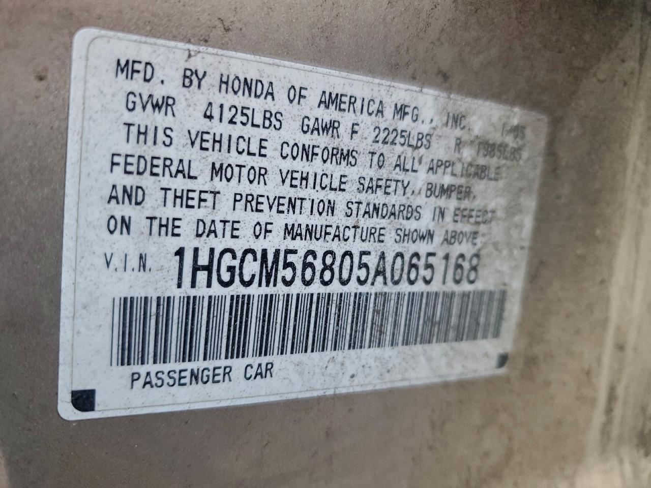 2005 Honda Accord Ex VIN: 1HGCM56805A065168 Lot: 94096665