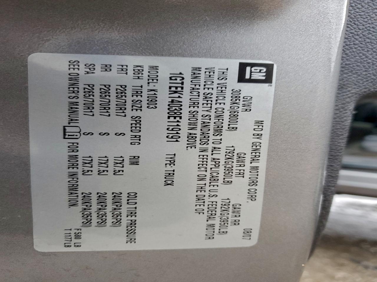 2008 GMC Sierra K1500 VIN: 1GTEK14038E119191 Lot: 93767035