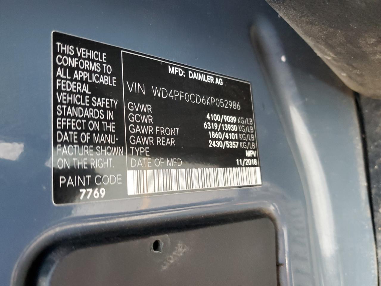 2019 Mercedes-Benz Sprinter 2500/3500 VIN: WD4PF0CD6KP052986 Lot: 93254625