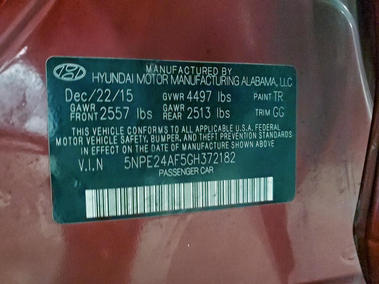 2016 Hyundai Sonata Se VIN: 5NPE24AF5GH372182 Lot: 94190725