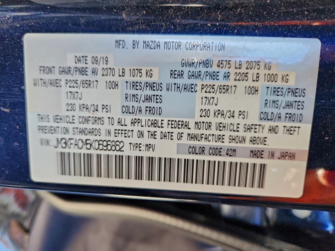 2019 Mazda Cx-5 Touring VIN: JM3KFACM5K0696862 Lot: 94065265