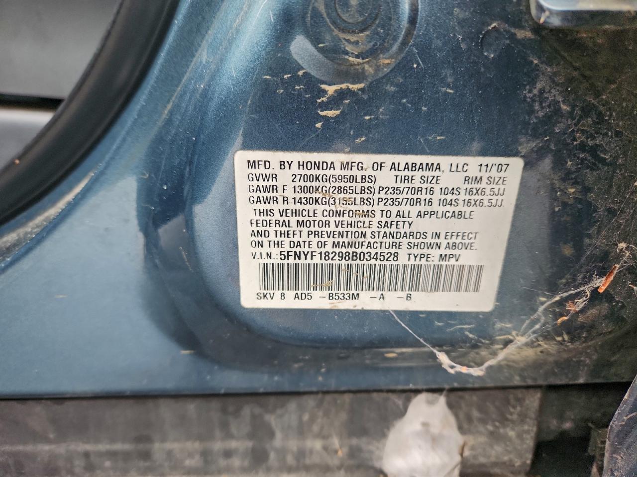 2008 Honda Pilot Vp VIN: 5FNYF18298B034528 Lot: 94266555