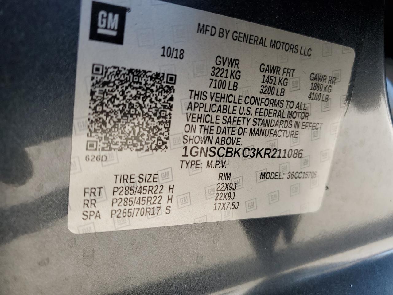 2019 Chevrolet Tahoe C1500 Lt VIN: 1GNSCBKC3KR211086 Lot: 93492125