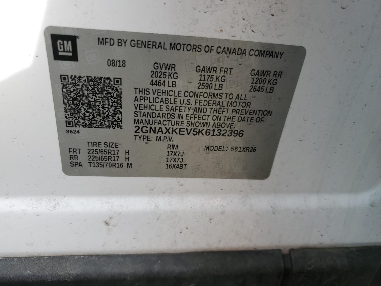 2019 Chevrolet Equinox Lt VIN: 2GNAXKEV5K6132396 Lot: 93114695