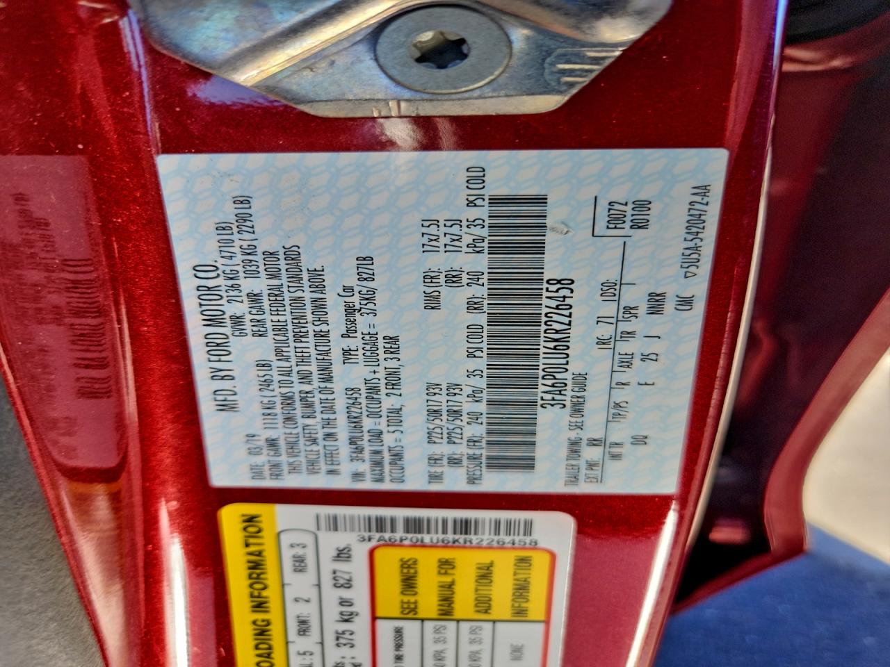 2019 Ford Fusion Se VIN: 3FA6P0LU6KR226458 Lot: 93150775