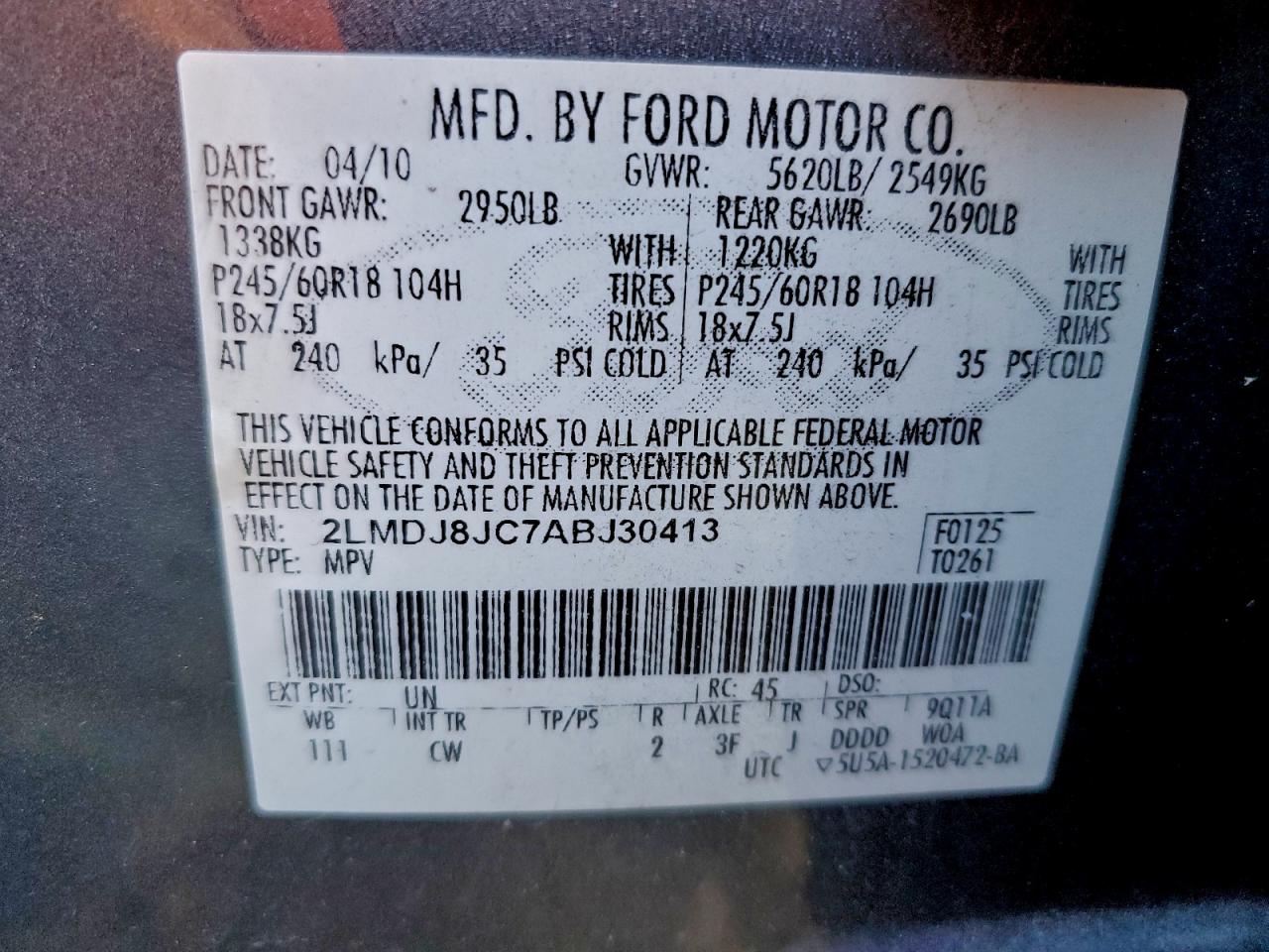 2010 Lincoln Mkx VIN: 2LMDJ8JC7ABJ30413 Lot: 93067315