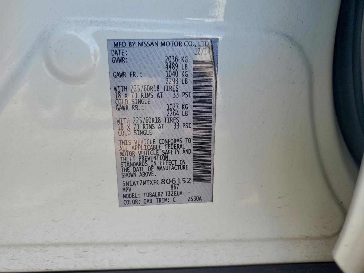 2015 Nissan Rogue S VIN: 5N1AT2MTXFC806152 Lot: 93928505