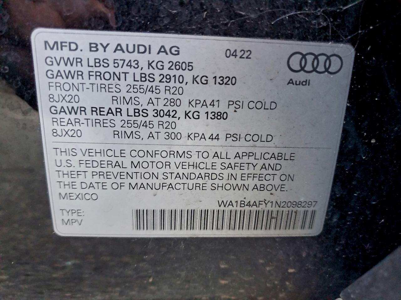 2022 Audi Sq5 Premium Plus VIN: WA1B4AFY1N2098297 Lot: 93829305