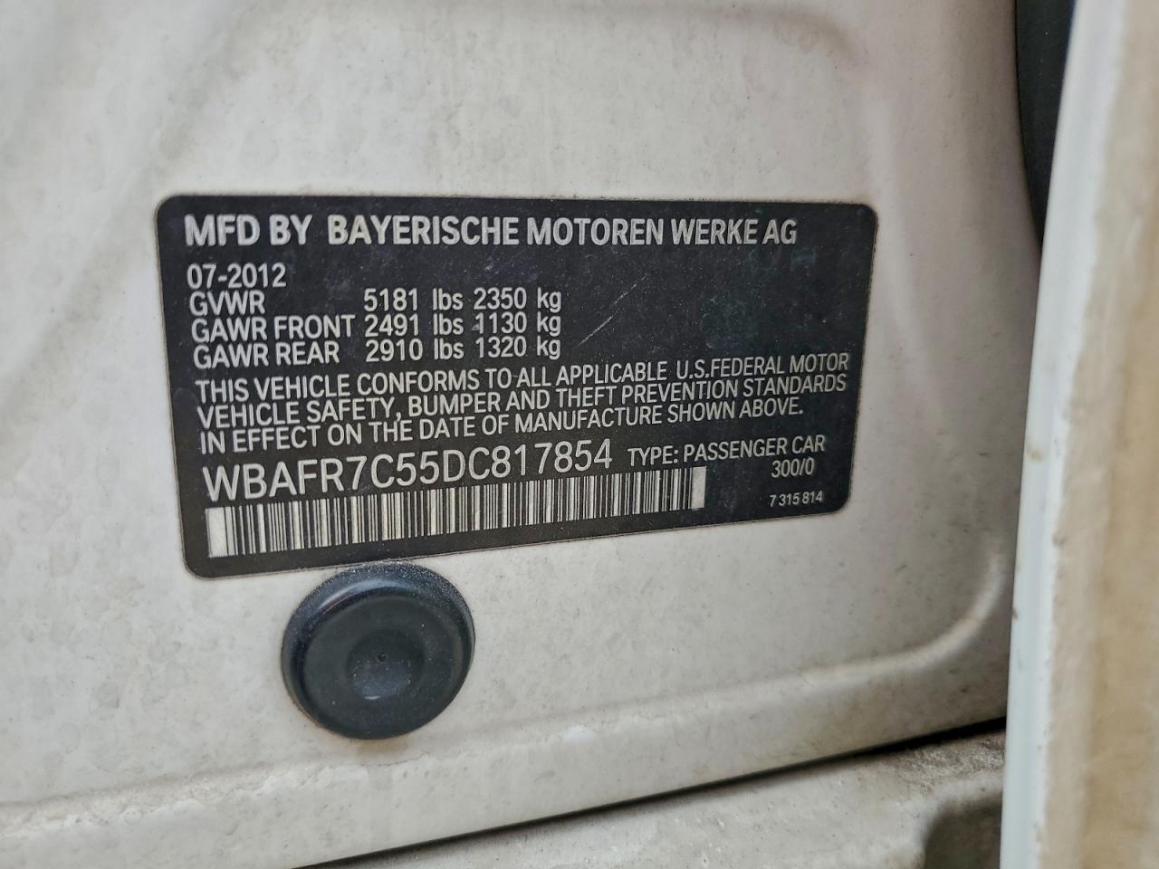 2013 BMW 535 I VIN: WBAFR7C55DC817854 Lot: 93718005