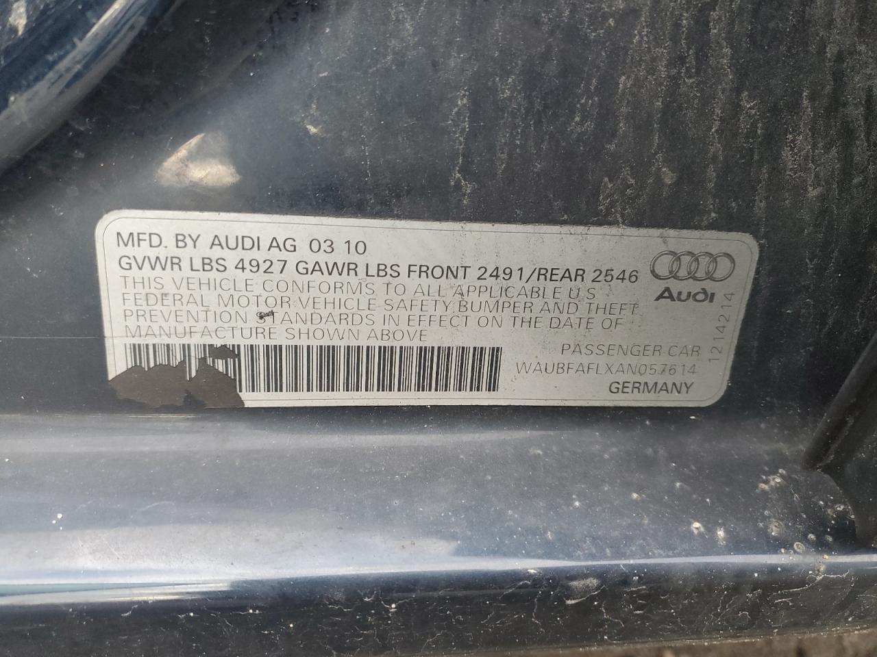 2010 Audi A4 Premium VIN: WAUBFAFLXAN057614 Lot: 91017585