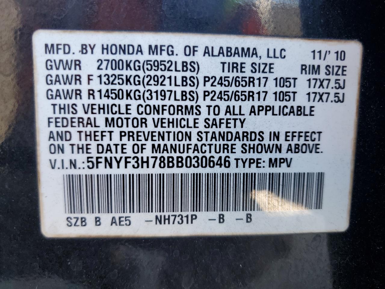 2011 Honda Pilot Exln VIN: 5FNYF3H78BB030646 Lot: 93858245