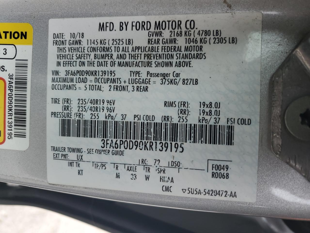 2019 Ford Fusion Titanium VIN: 3FA6P0D90KR139195 Lot: 85398795