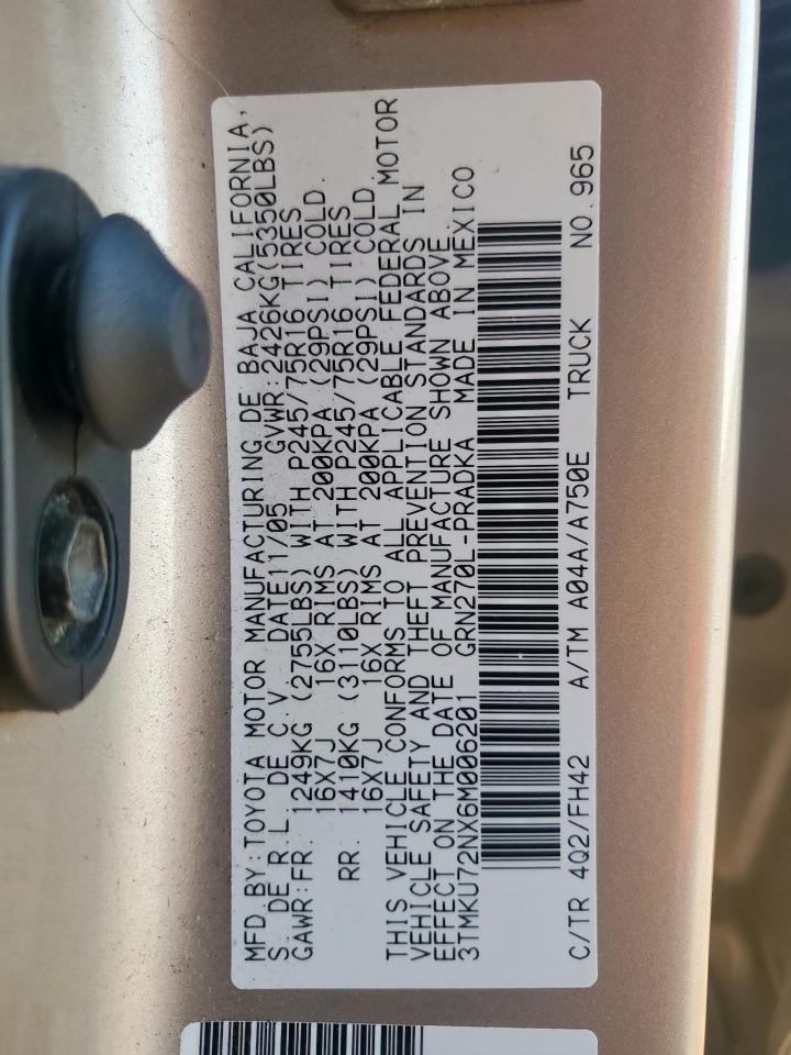 2006 Toyota Tacoma Double Cab Prerunner Long Bed VIN: 3TMKU72NX6M006201 Lot: 91517755