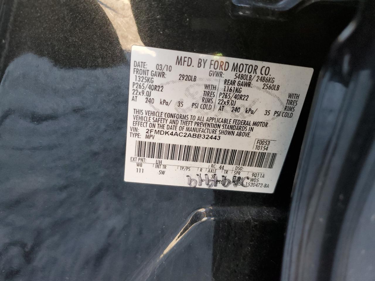 2010 Ford Edge Sport VIN: 2FMDK4AC2ABB32443 Lot: 91384945