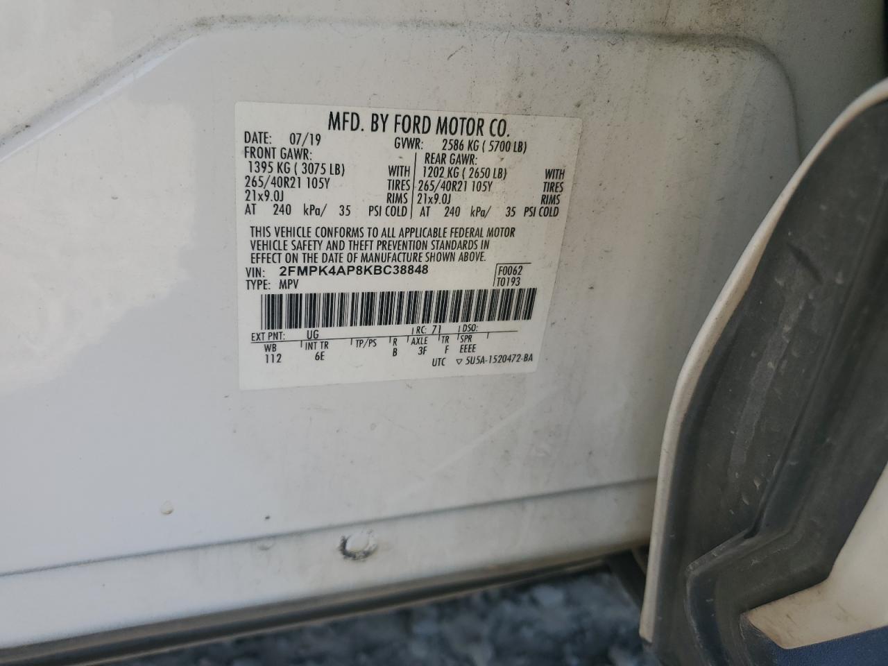 2019 Ford Edge St VIN: 2FMPK4AP8KBC38848 Lot: 92956645