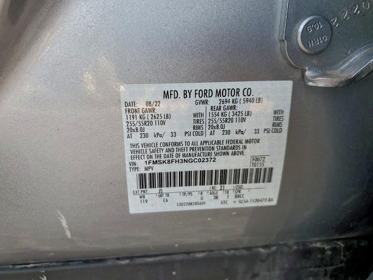 2022 Ford Explorer Limited VIN: 1FMSK8FH3NGC02372 Lot: 93742295