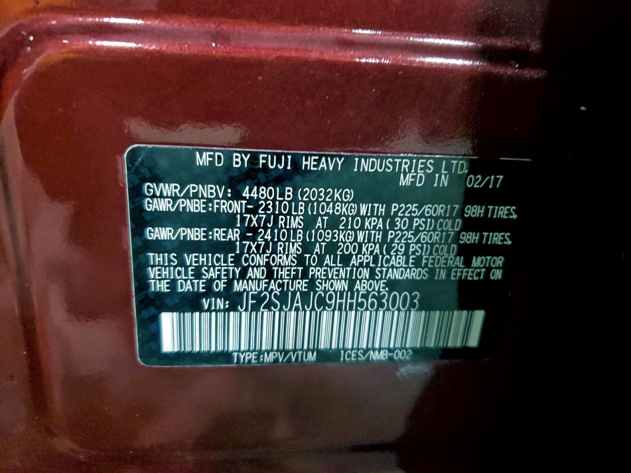 2017 Subaru Forester 2.5I Limited VIN: JF2SJAJC9HH563003 Lot: 93839725