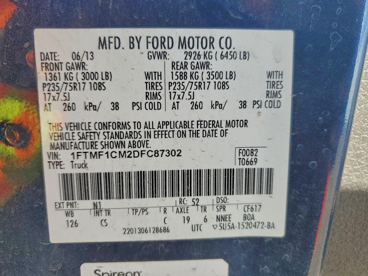 2013 Ford F150 VIN: 1FTMF1CM2DFC87302 Lot: 94087265