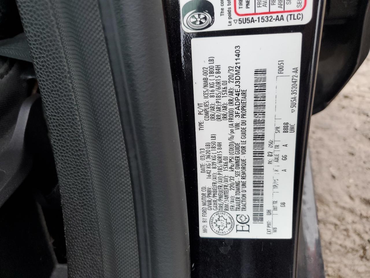 2013 Ford Fiesta Se VIN: 3FADP4EJ3DM211403 Lot: 92215825