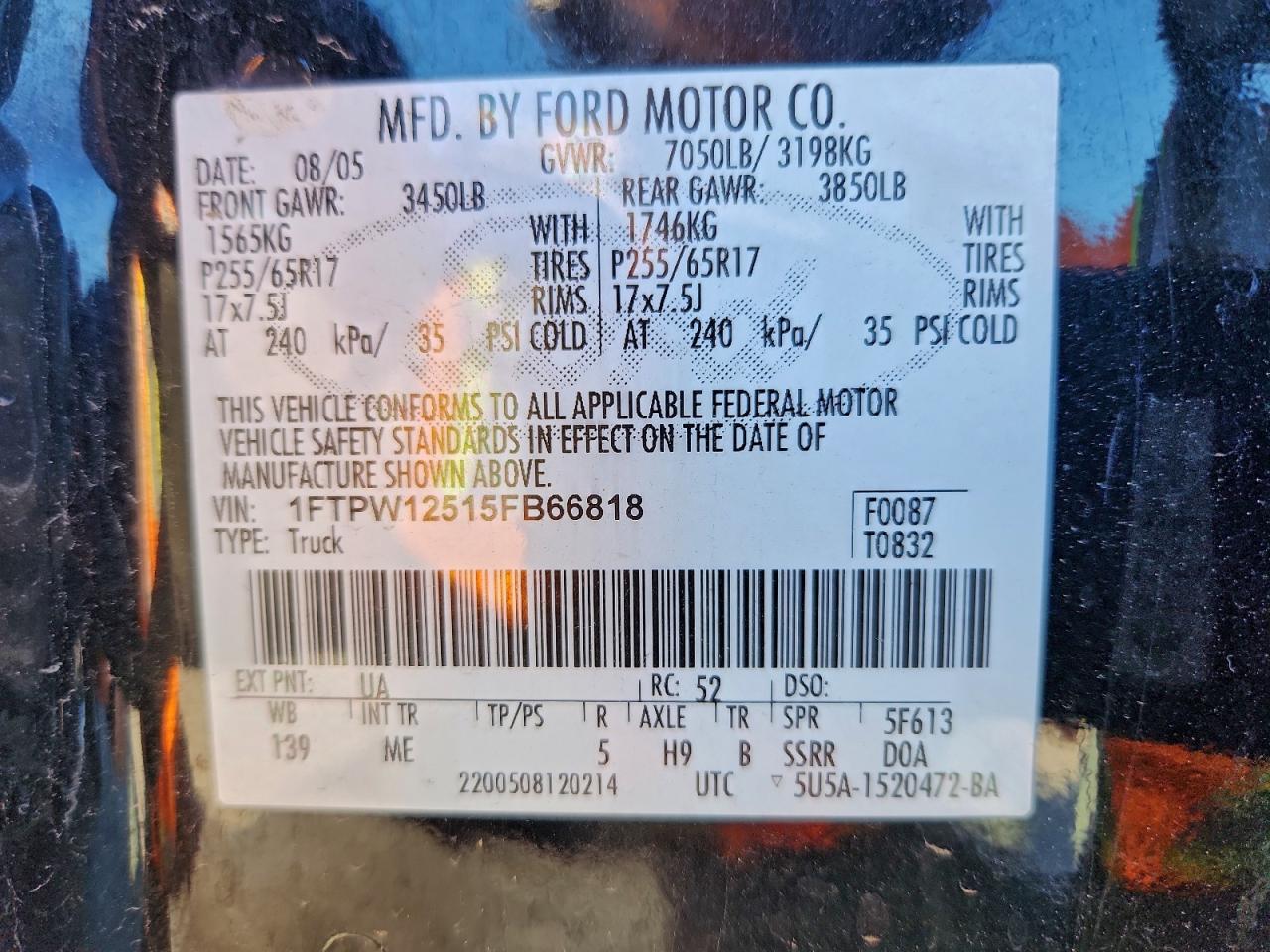 2005 Ford F150 Supercrew VIN: 1FTPW12515FB66818 Lot: 94774675