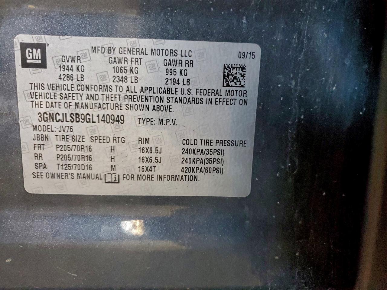 2016 Chevrolet Trax 1Lt VIN: 3GNCJLSB9GL140949 Lot: 93391115