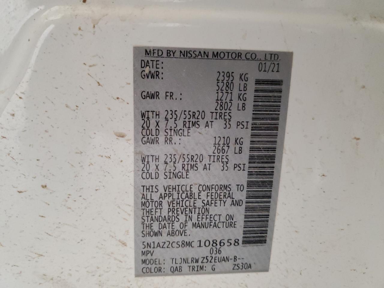 2021 Nissan Murano Sl VIN: 5N1AZ2CS8MC108658 Lot: 91483705