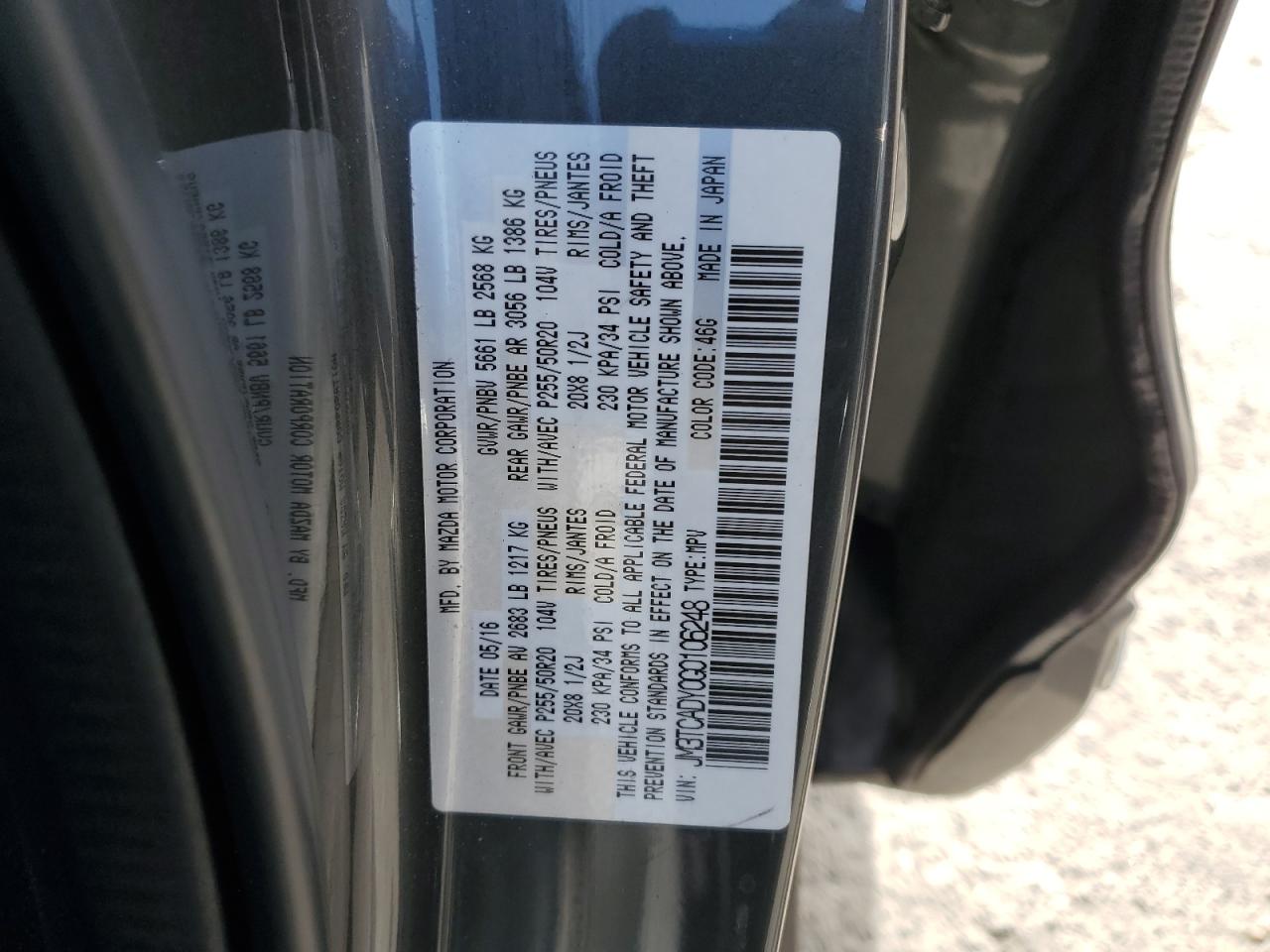 2016 Mazda Cx-9 Grand Touring VIN: JM3TCADY0G0106248 Lot: 91295085