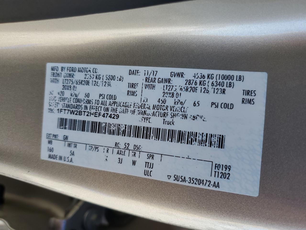 2017 Ford F250 Super Duty VIN: 1FT7W2BT2HEF47429 Lot: 92824745