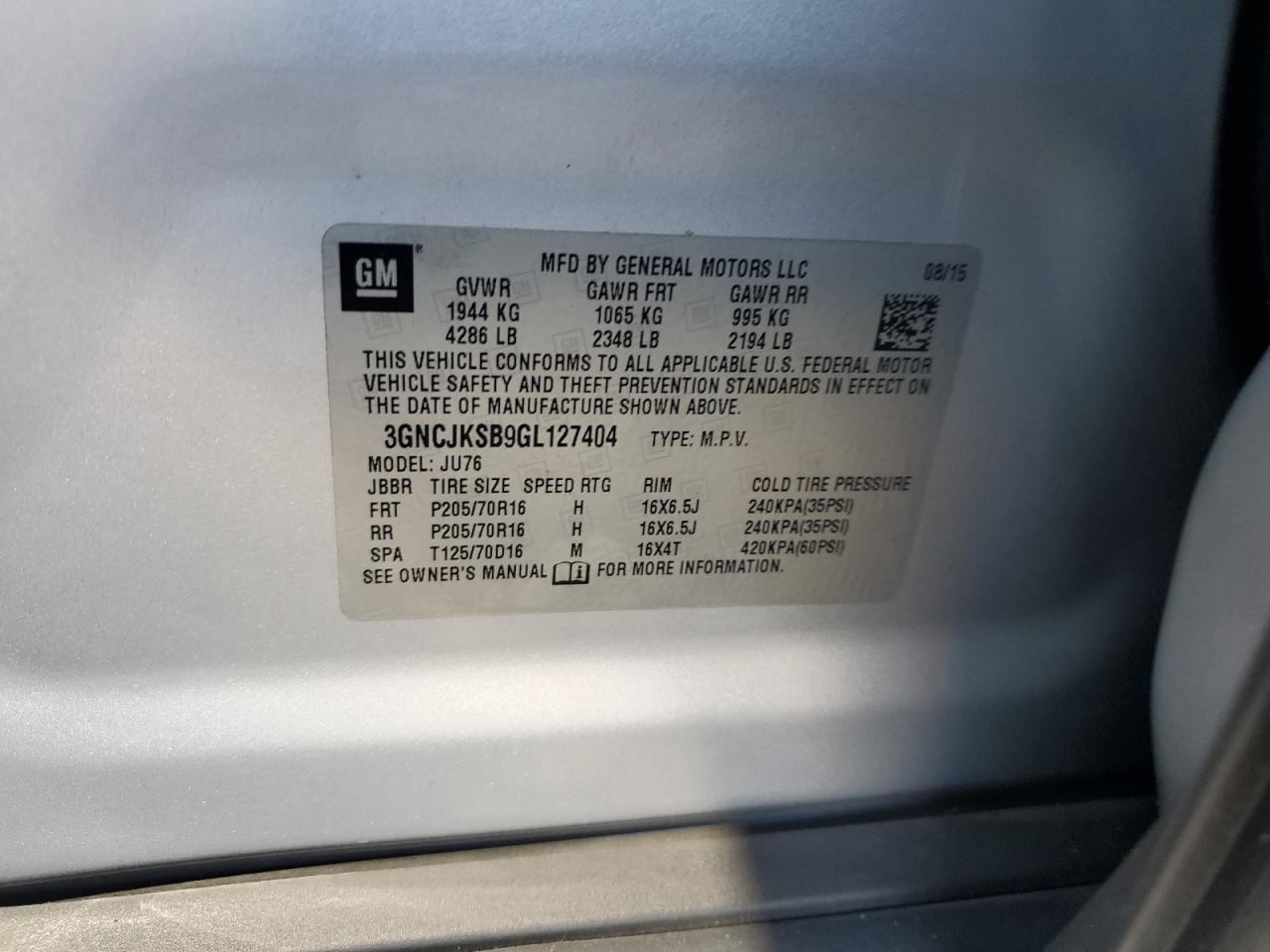 2016 Chevrolet Trax Ls VIN: 3GNCJKSB9GL127404 Lot: 91345785