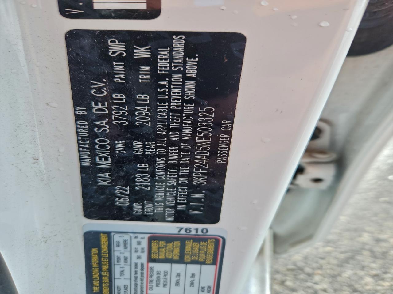 2022 Kia Forte Fe VIN: 3KPF24AD5NE503325 Lot: 93493635