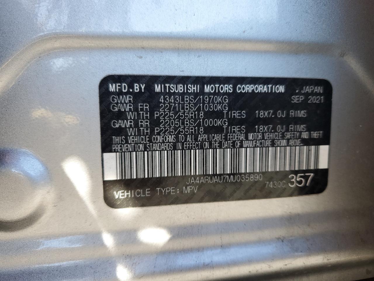 2021 Mitsubishi Outlander Sport Es VIN: JA4ARUAU7MU035890 Lot: 91102455