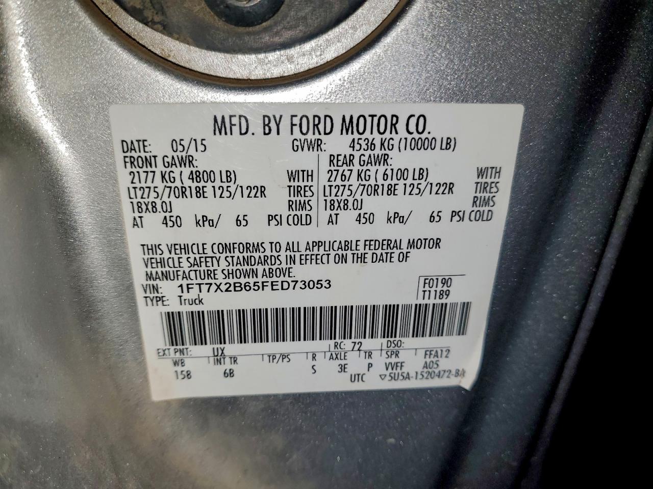 2015 Ford F250 Super Duty VIN: 1FT7X2B65FED73053 Lot: 93933425