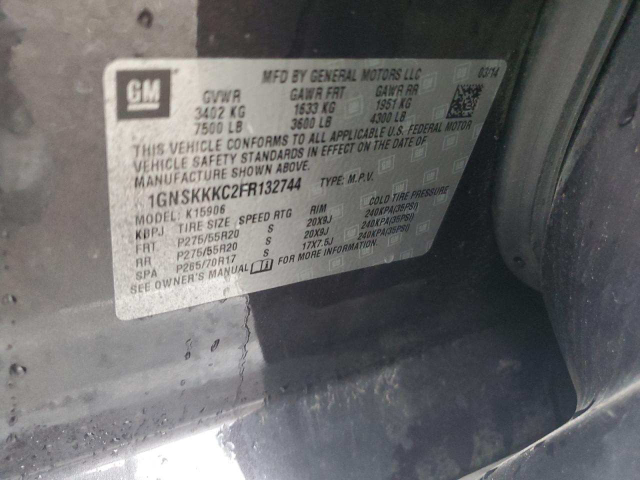 2015 Chevrolet Suburban K1500 Ltz VIN: 1GNSKKKC2FR132744 Lot: 91884665