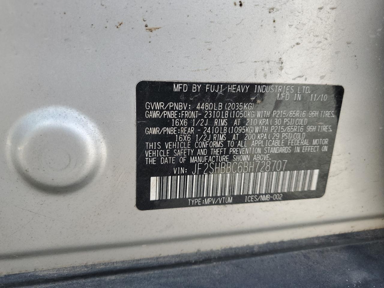 2011 Subaru Forester 2.5X VIN: JF2SHBBC6BH728707 Lot: 93400245