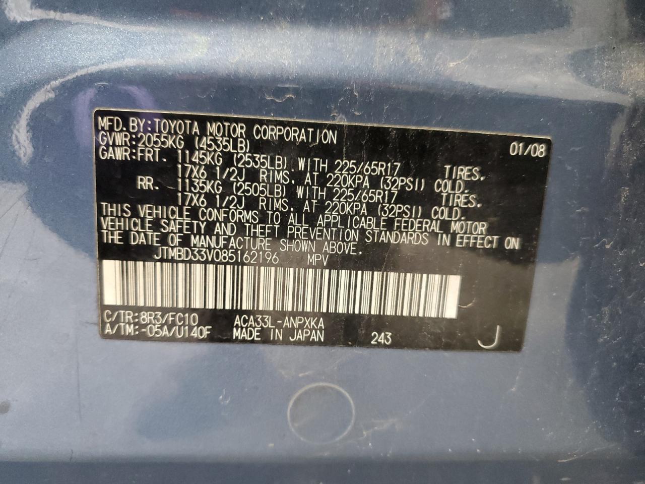 2008 Toyota Rav4 VIN: JTMBD33V085162196 Lot: 91567235