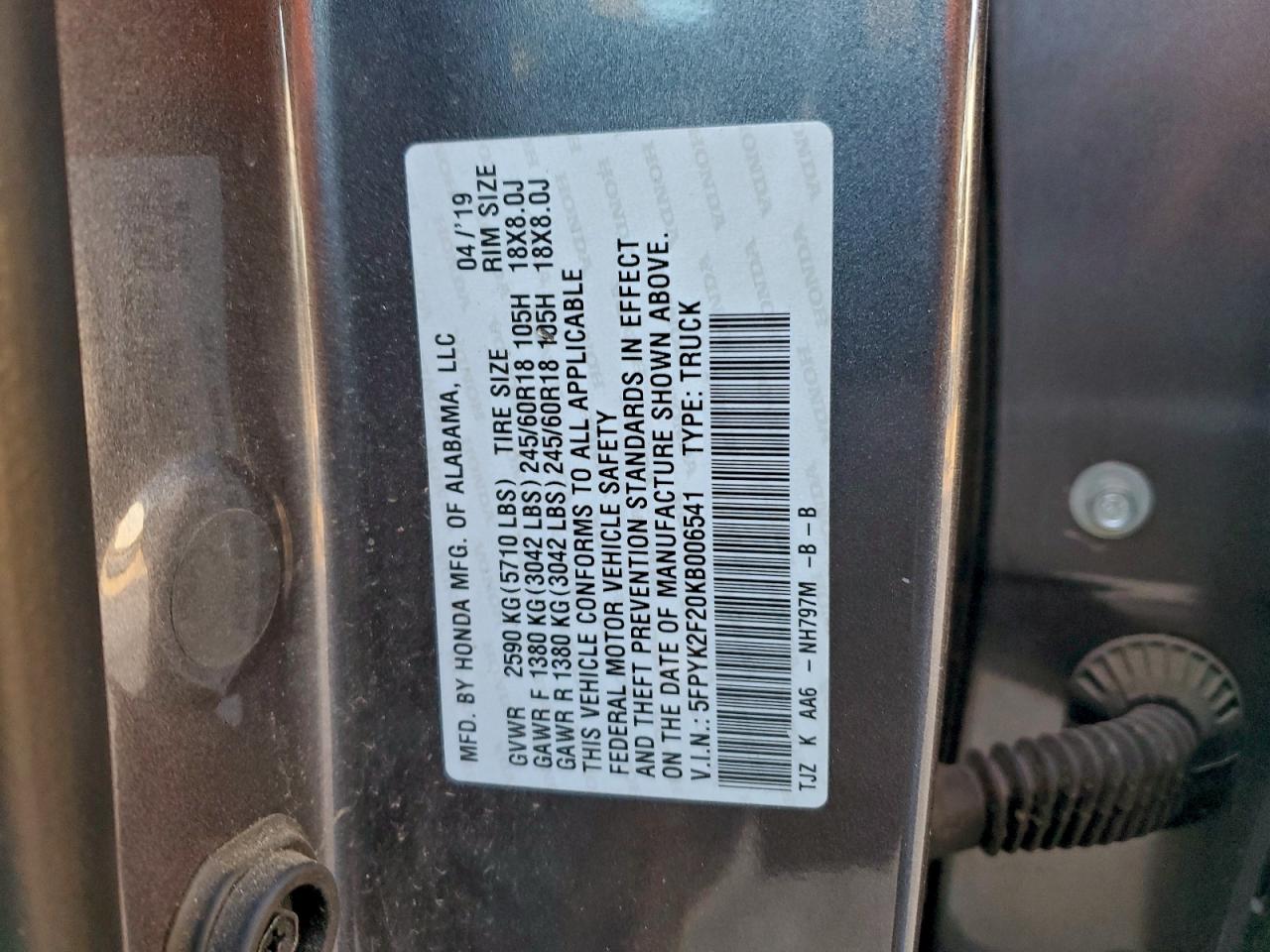 2019 Honda Ridgeline Rt VIN: 5FPYK2F20KB006541 Lot: 94200875