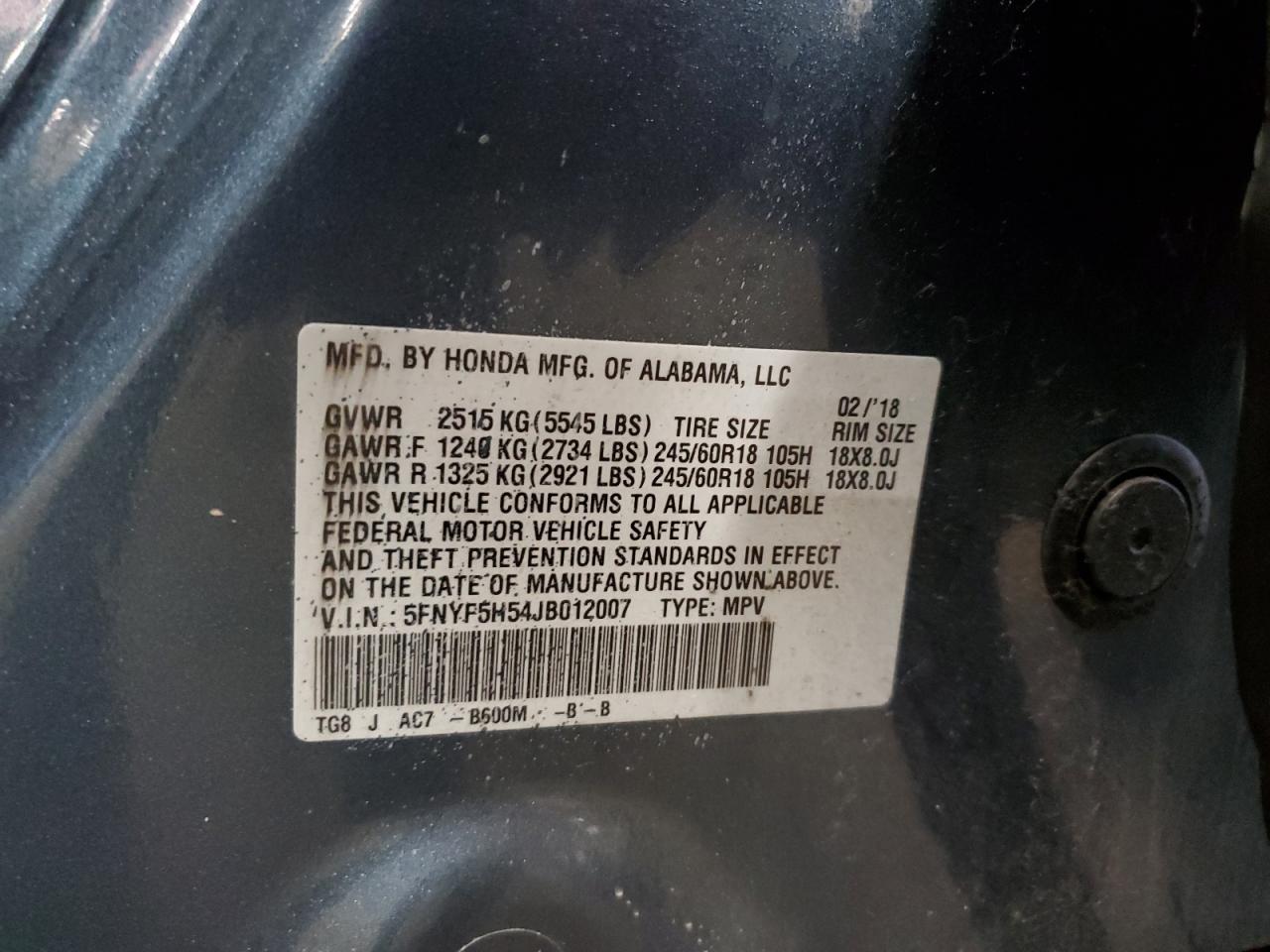 2018 Honda Pilot Exl VIN: 5FNYF5H54JB012007 Lot: 91303815