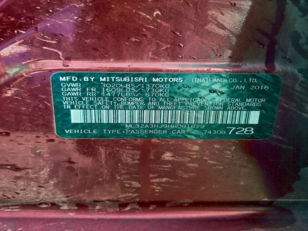 2017 Mitsubishi Mirage Es VIN: ML32A3HJ9HH001829 Lot: 93723315