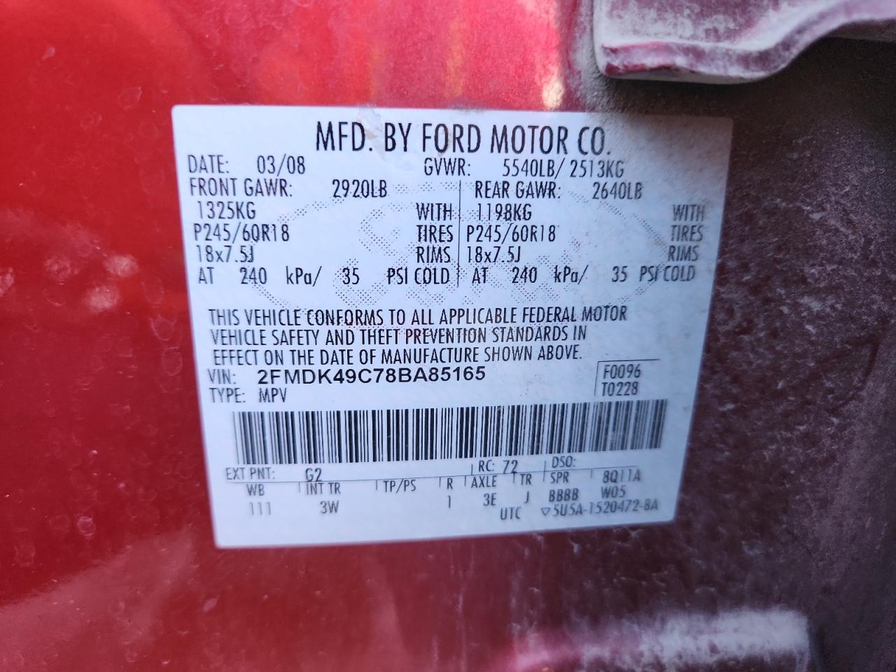 2008 Ford Edge Limited VIN: 2FMDK49C78BA85165 Lot: 93136795