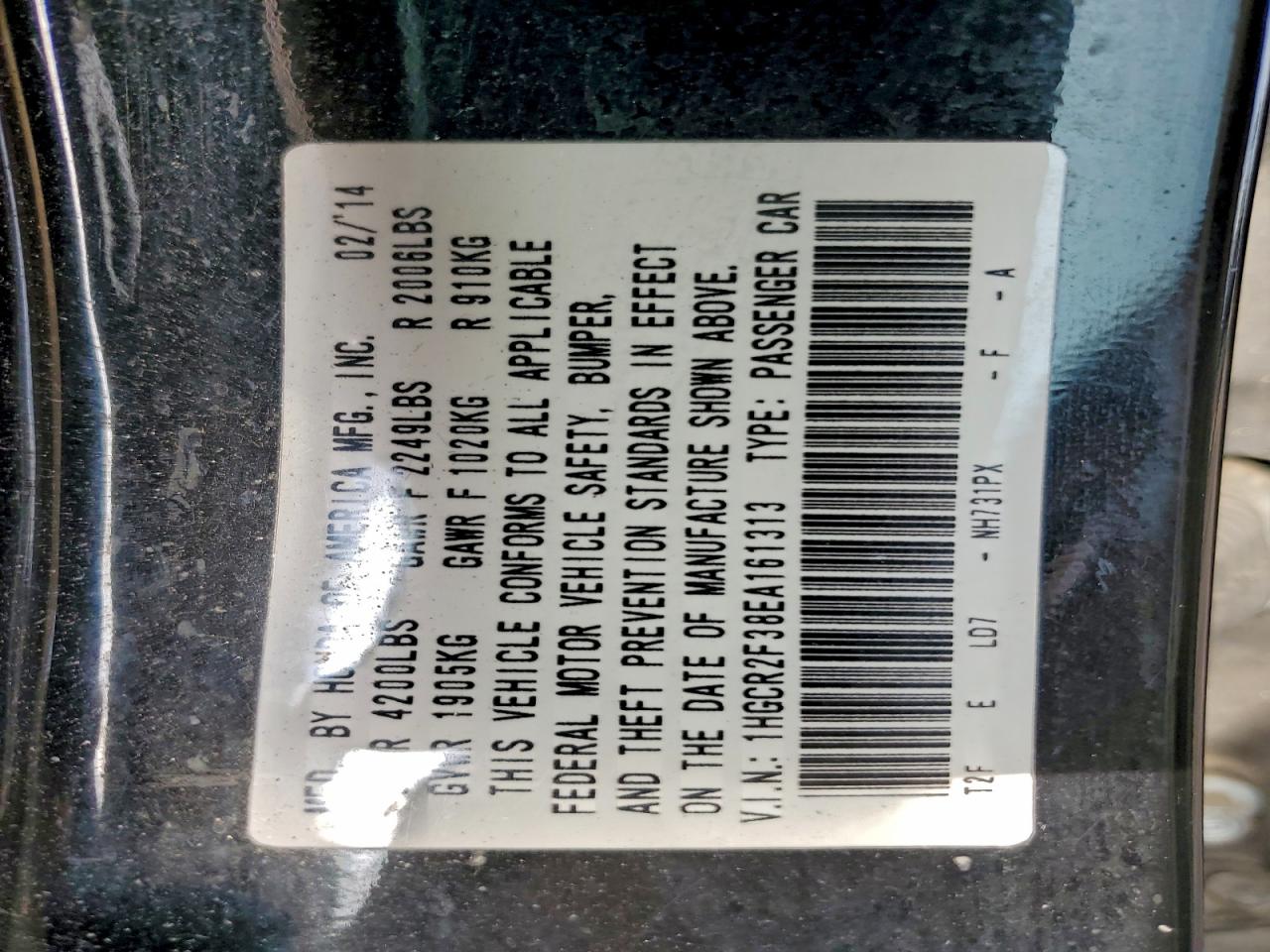 2014 Honda Accord Lx VIN: 1HGCR2F38EA161313 Lot: 93915635