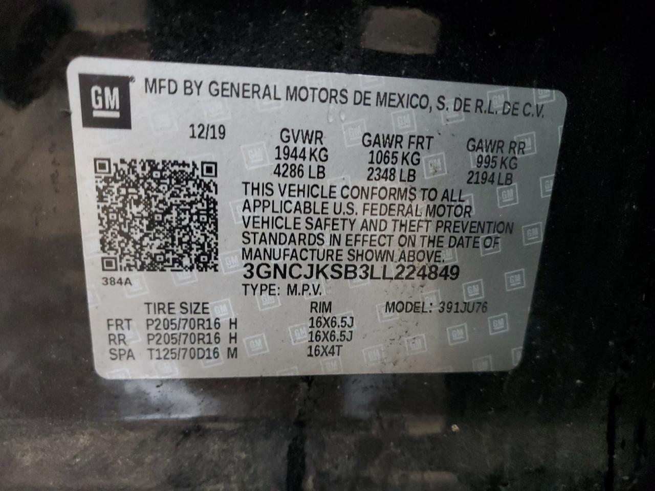 2020 Chevrolet Trax Ls VIN: 3GNCJKSB3LL224849 Lot: 92587035