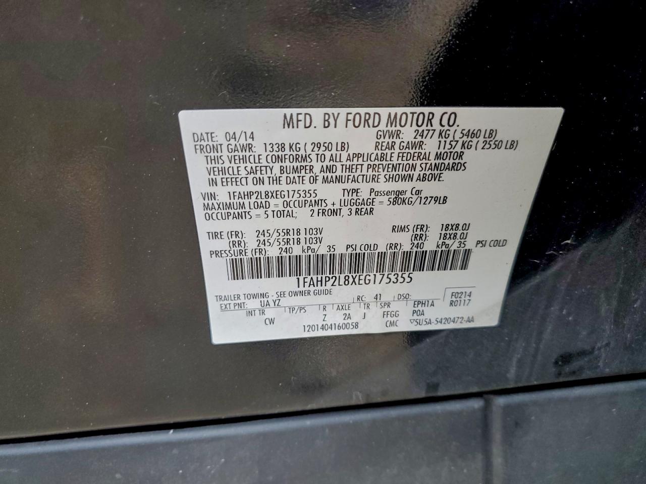 2014 Ford Taurus Police Interceptor VIN: 1FAHP2L8XEG175355 Lot: 93715195