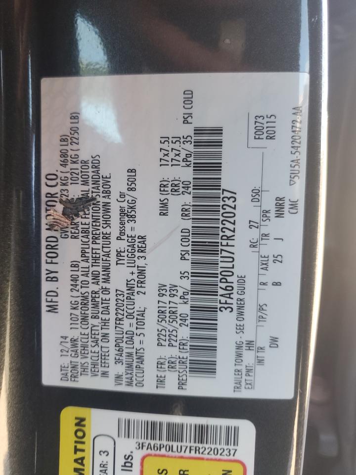 2015 Ford Fusion Se Hybrid VIN: 3FA6P0LU7FR220237 Lot: 92089585