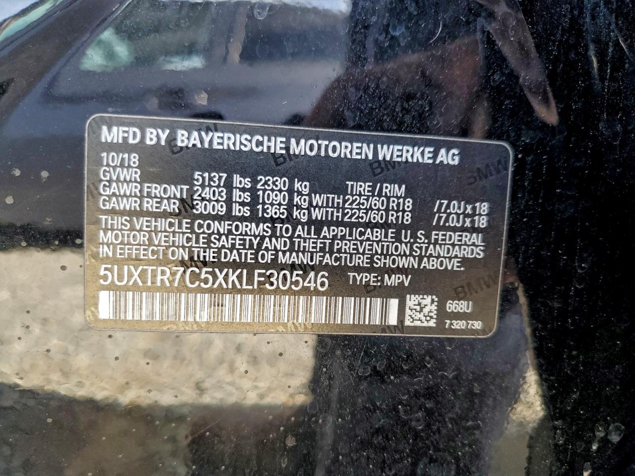 2019 BMW X3 Sdrive30I VIN: 5UXTR7C5XKLF30546 Lot: 94102195