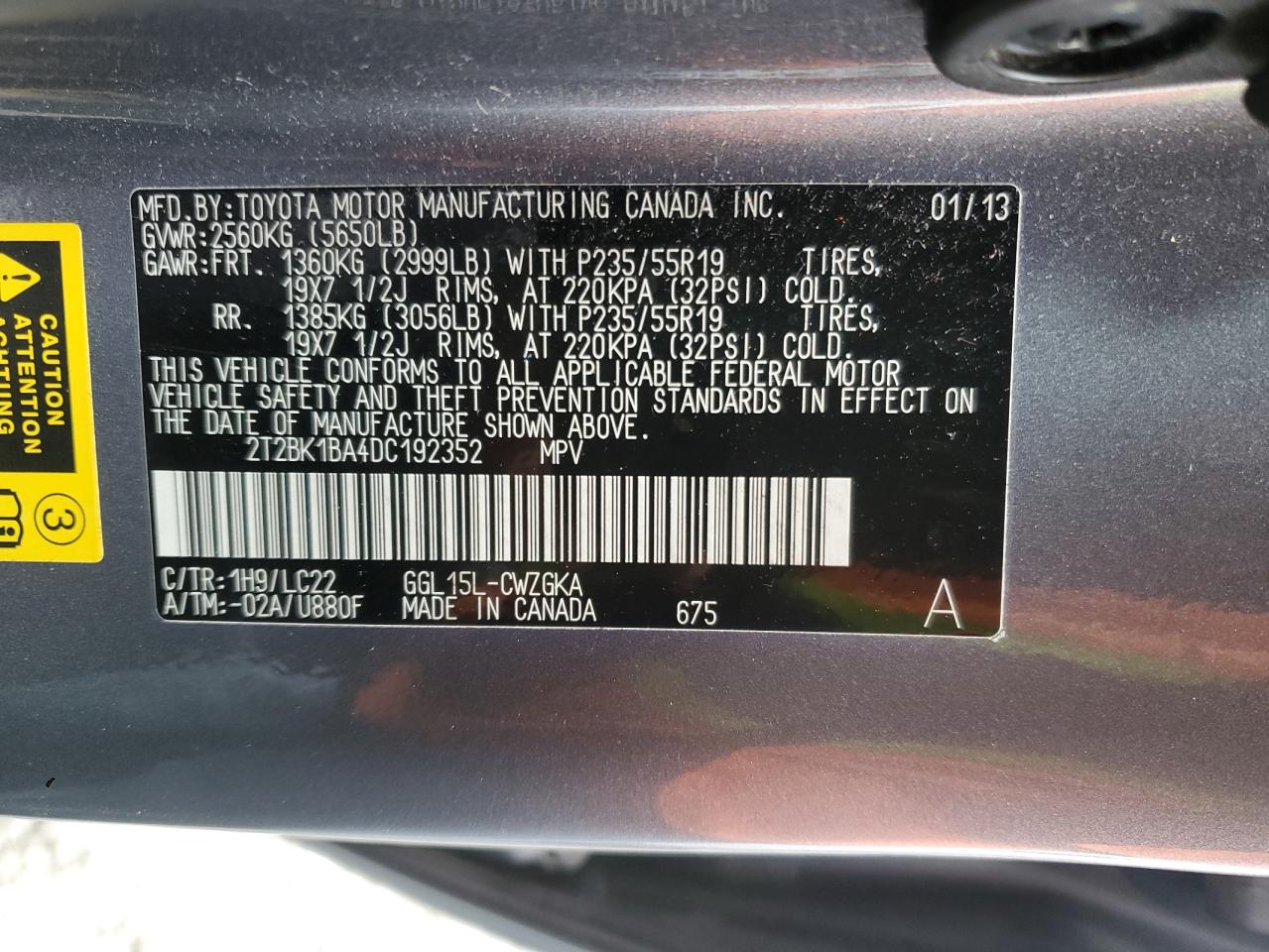 2013 Lexus Rx 350 Base VIN: 2T2BK1BA4DC192352 Lot: 91675375