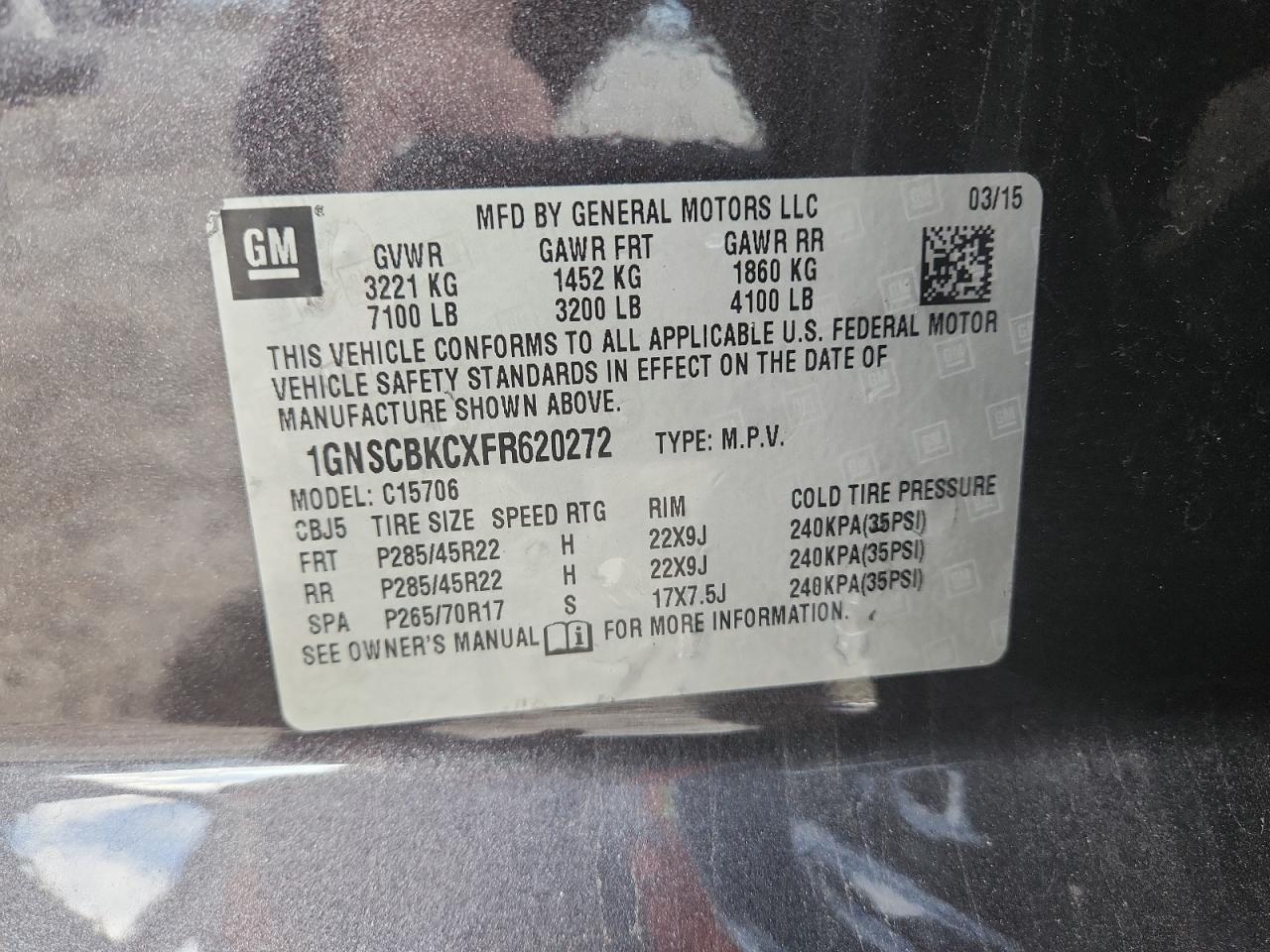 2015 Chevrolet Tahoe C1500 Lt VIN: 1GNSCBKCXFR620272 Lot: 92694485