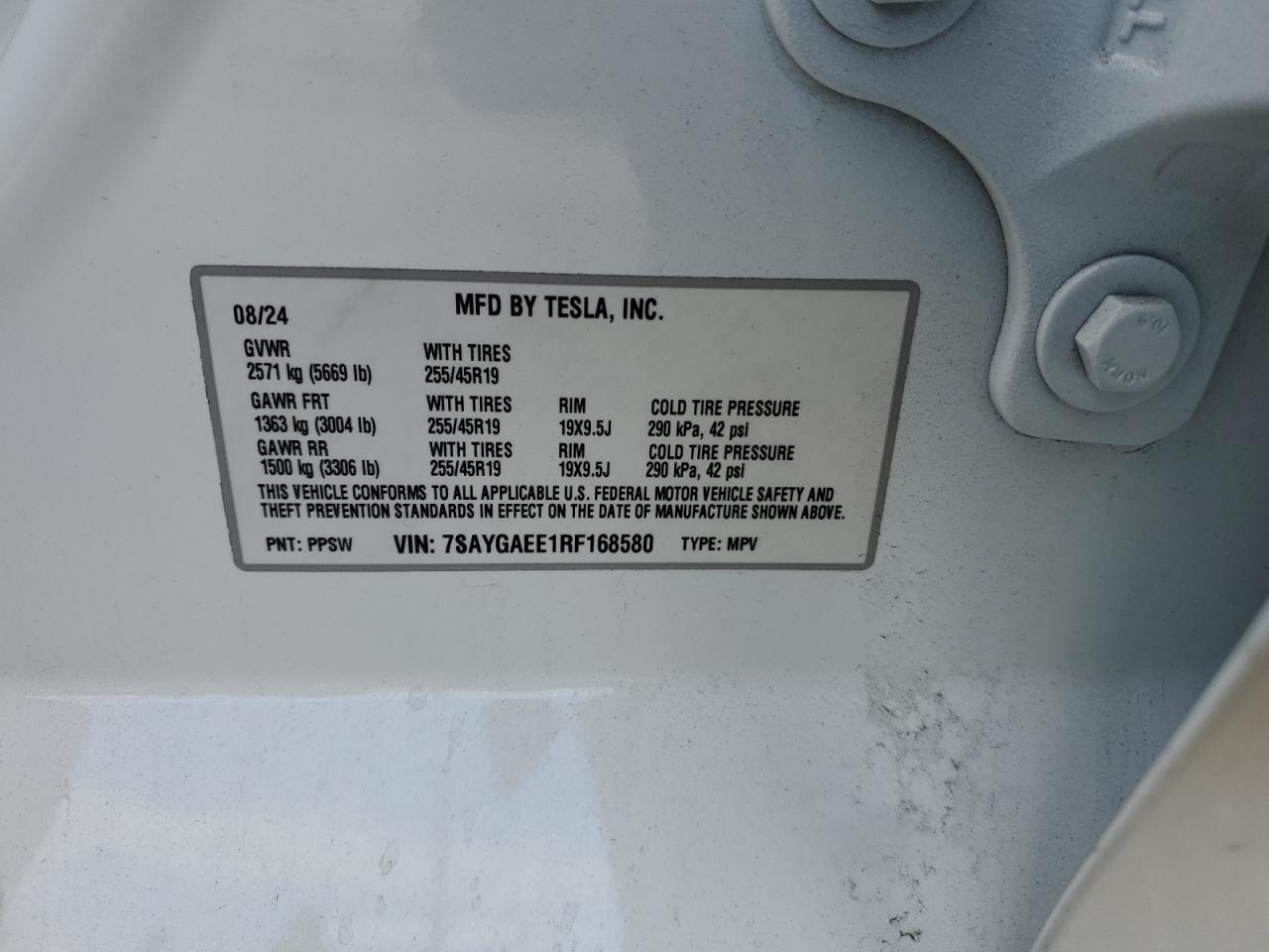 2024 Tesla Model Y VIN: 7SAYGAEE1RF168580 Lot: 92470195